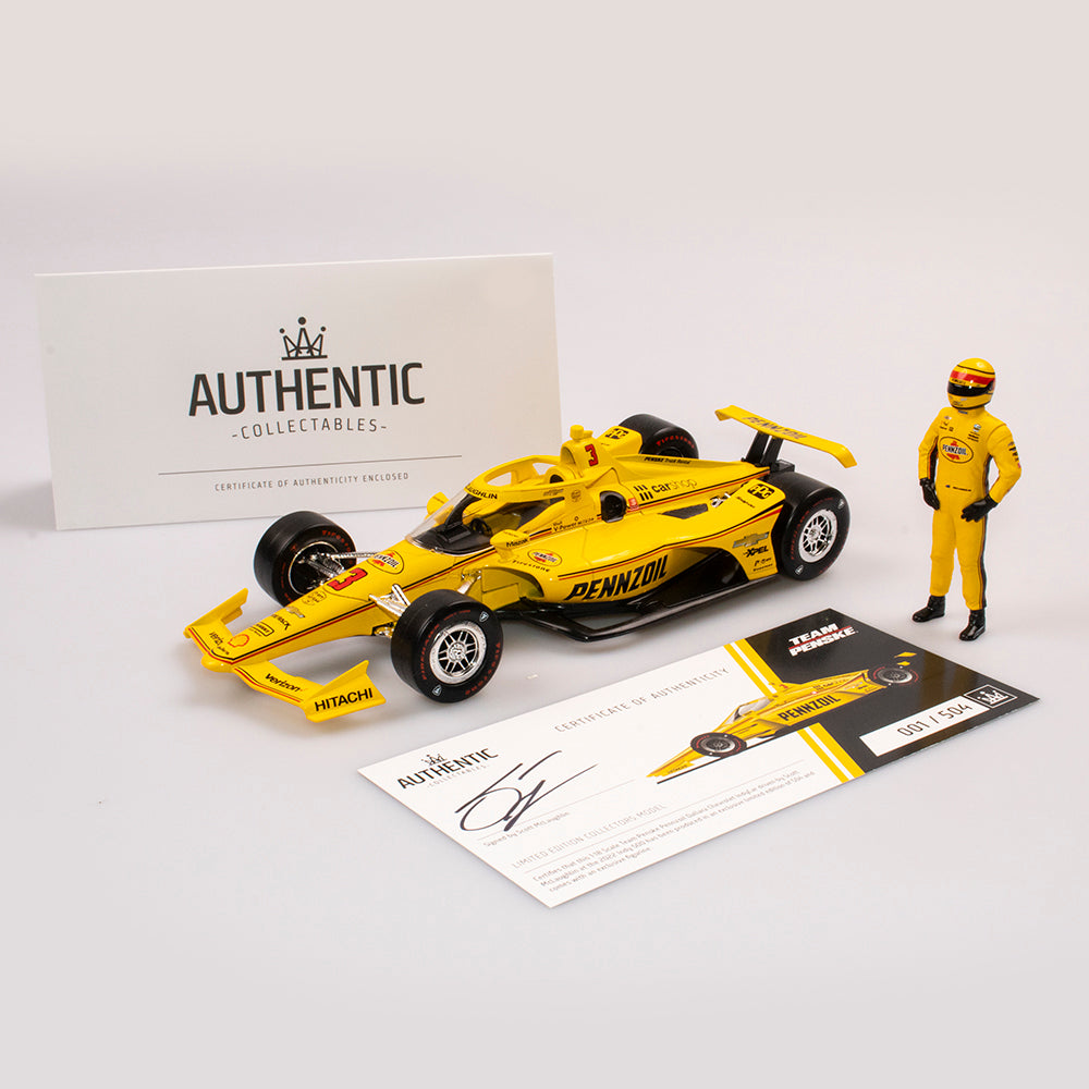 1:18 Team Penske #3 Pennzoil Dallara Chevrolet IndyCar With Driver Figurine - 2022 INDY 500 - Driver: Scott McLaughlin (Signature Edition)